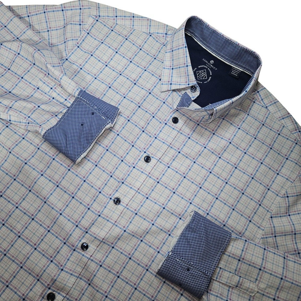 CON.STRUCT Flip Cuff Dress Shirt Men L Blue Check Slim Fit Stretch Non Iron